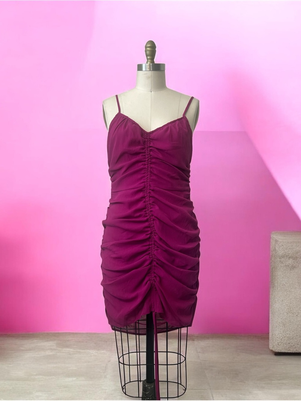 Ruched Spaghetti Strap Dress in Plum